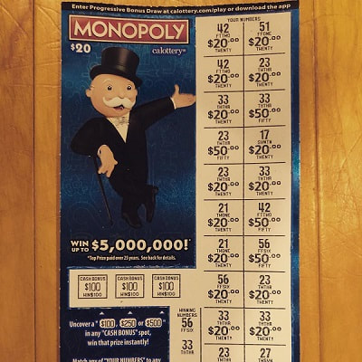 $20 monopoly california lottery scratcher